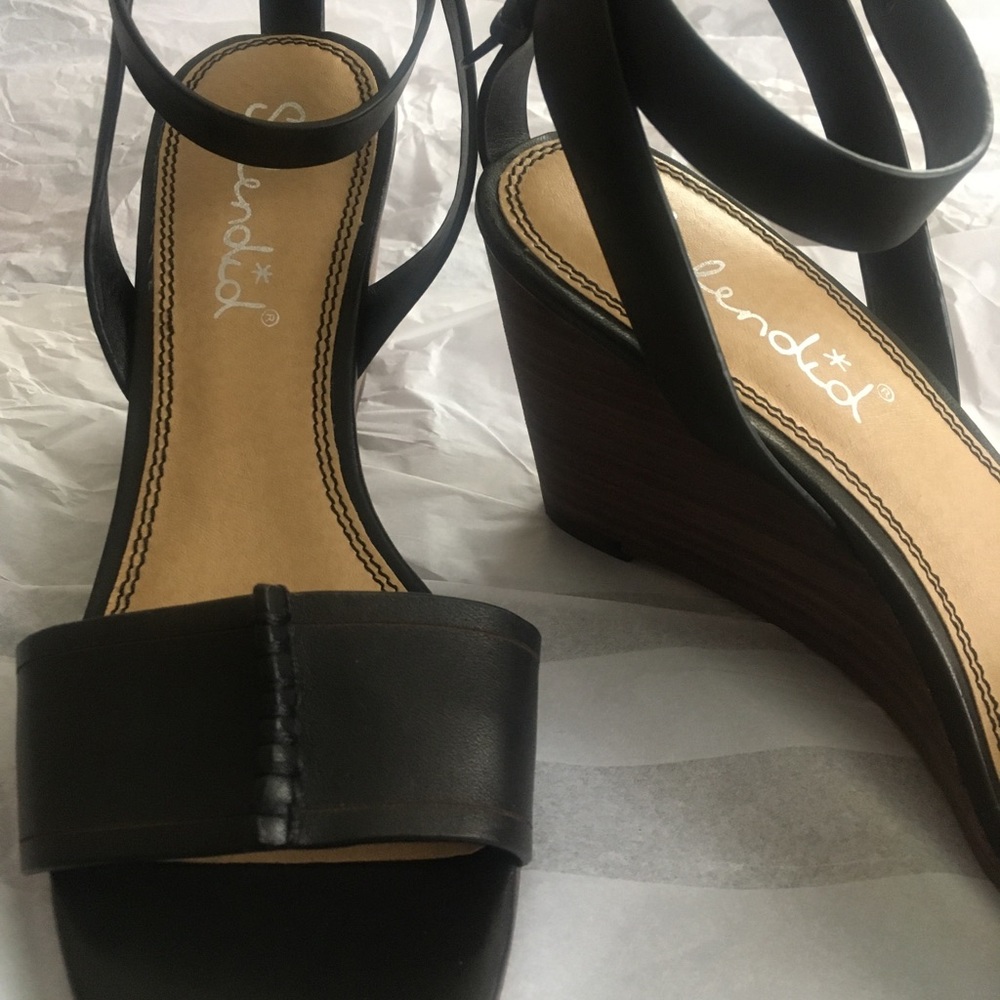 Splendid Black Leather Wedge Sandals - Picture 6 of 8